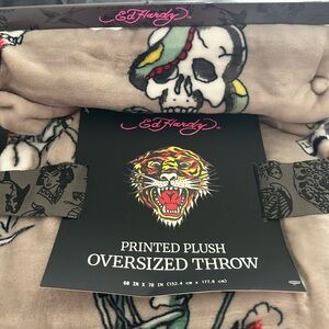 Ed Hardy Light Gray Plush Throw with Skull and Tiger Design